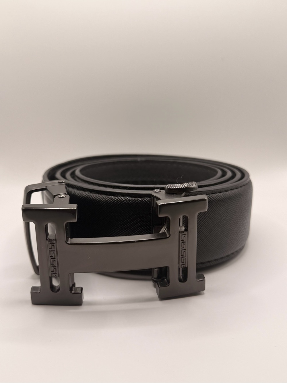 Men's Black Leather Belt with Gunmetal H Buckle